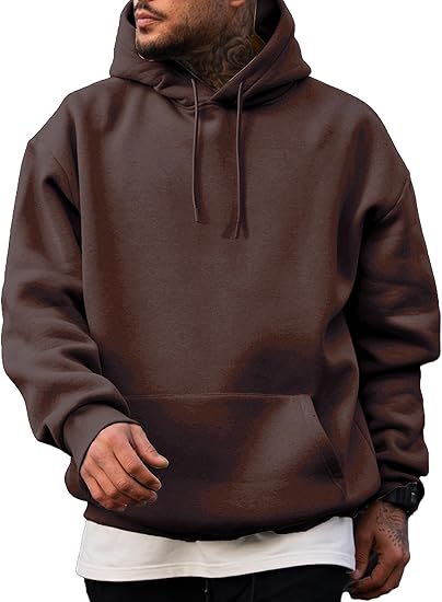 Men’s Oversized Hoodie Sweatshirt — Dark Brown Pullover with Kangaroo Pocket, Adjustable Drawstring Hood & Long Sleeves, Thick Warm Fleece for Autumn & Winter