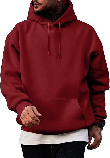 Men’s Oversized Hoodie Sweatshirt — Red Pullover with Kangaroo Pocket, Adjustable Drawstring Hood & Long Sleeves, Thick Warm Fleece for Autumn & Winter