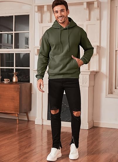 Men’s Army Green Hoodie | Oversized Pullover Sweatshirt with Hood and Kangaroo Pocket | Casual Streetwear for Autumn & Winter
