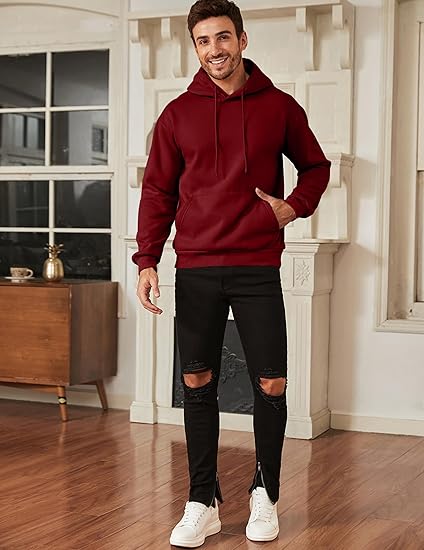 Men’s Oversized Hoodie Sweatshirt — Red Pullover with Kangaroo Pocket, Adjustable Drawstring Hood & Long Sleeves, Thick Warm Fleece for Autumn & Winter