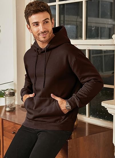 Men’s Oversized Hoodie Sweatshirt — Dark Brown Pullover with Kangaroo Pocket, Adjustable Drawstring Hood & Long Sleeves, Thick Warm Fleece for Autumn & Winter