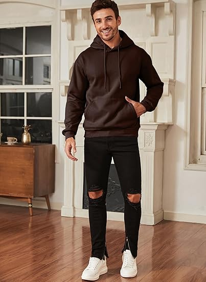 Men’s Oversized Hoodie Sweatshirt — Dark Brown Pullover with Kangaroo Pocket, Adjustable Drawstring Hood & Long Sleeves, Thick Warm Fleece for Autumn & Winter